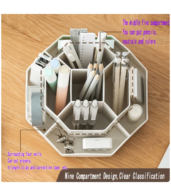 Large Capacity Rotating Pen Holder - Multi-Functional Desk Organizer